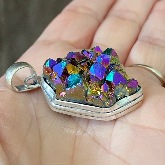 Titanium Druzy 925 Sterling Silver Necklace Pendant - Picture 2 of 4